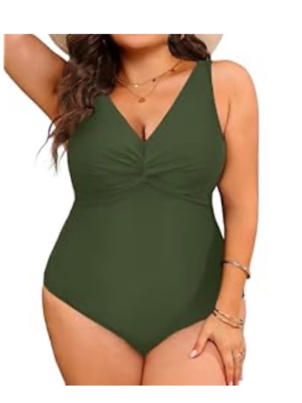V-Neck Olive One-Piece Swimsuit with Front Twist